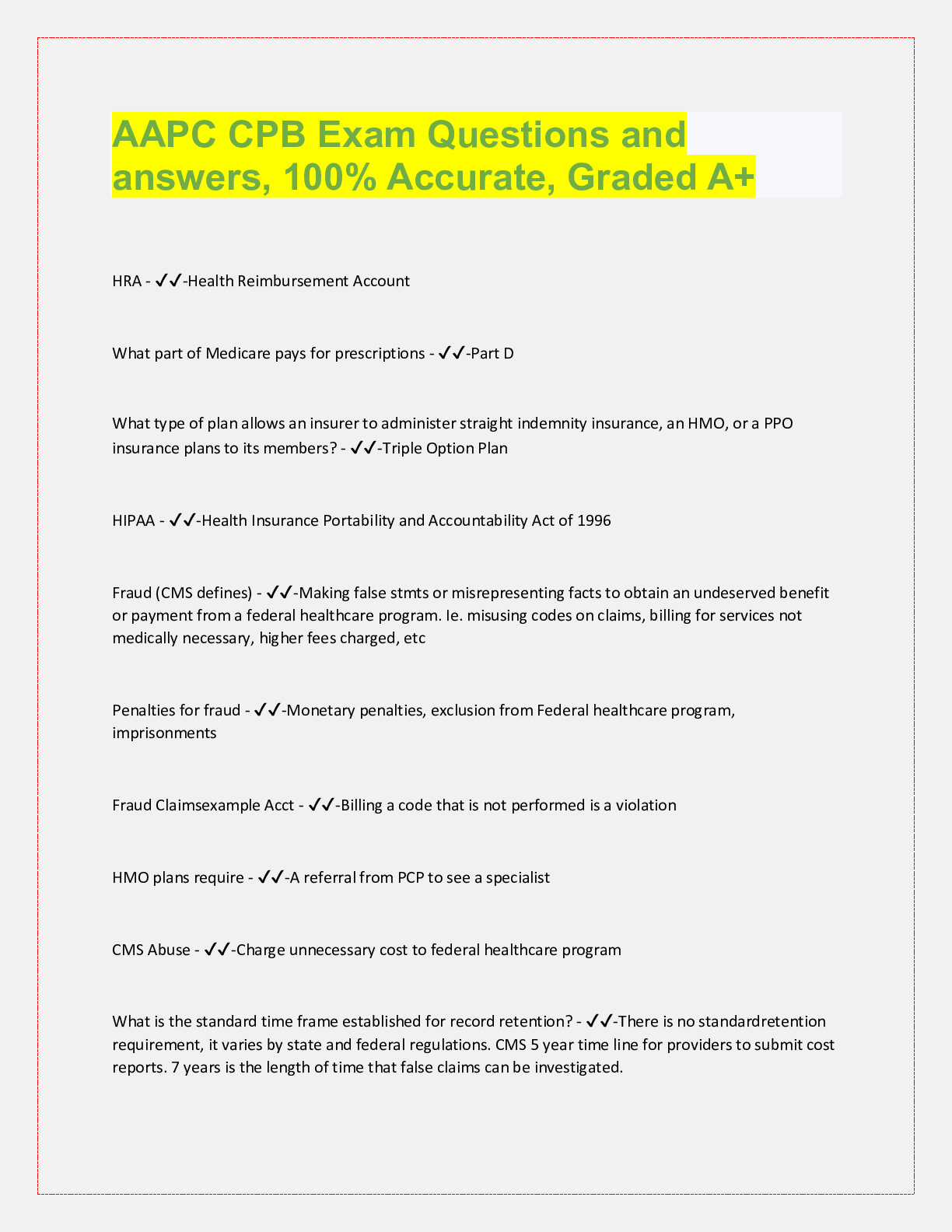 Preview image for AAPC CPB Exam Questions and  answers, 100% Accurate, Graded A+ HRA - ✔✔-Health Reimbursement Account
